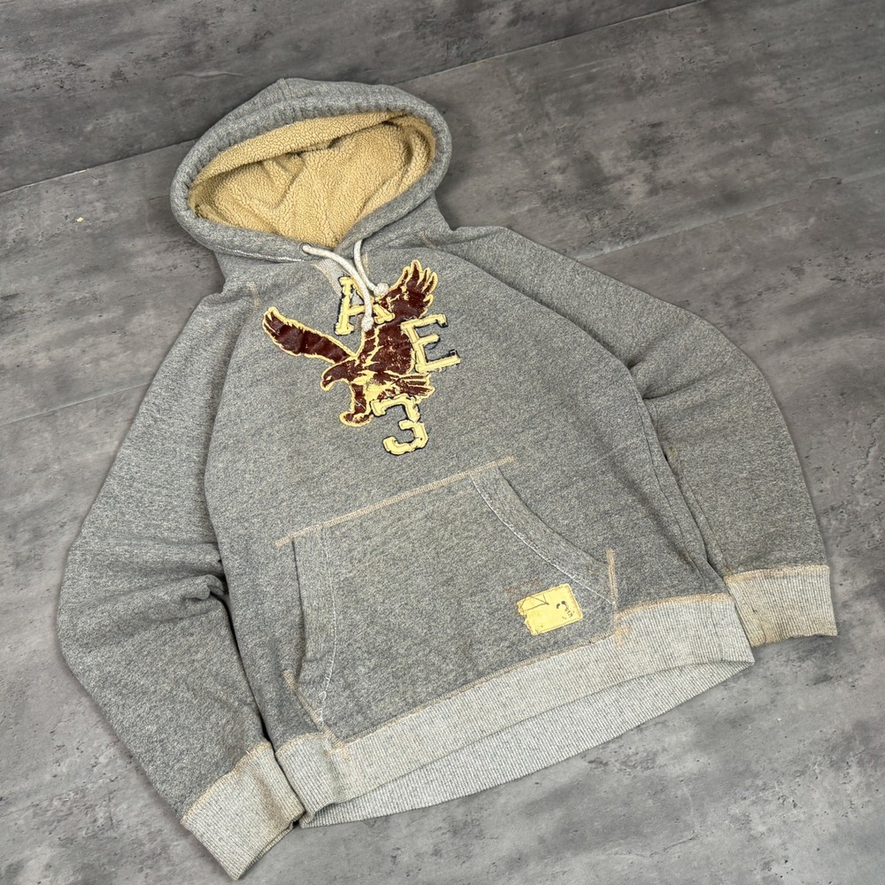 Y2K 2000's 00's American Eagle Outfitters Grey Sherpa Graphic Pullover Hoodie